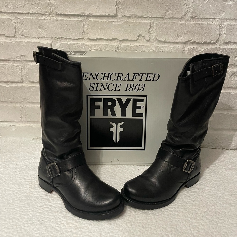 Frye Black Leather Veronica Buckle Boots